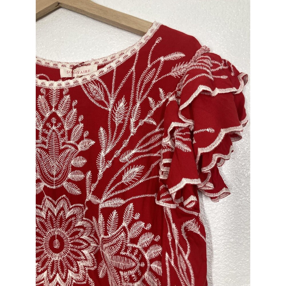 Solitaire Blouse Womens Medium Red Floral Embroidered Ruffle Flutter Top Boho - Picture 3 of 16